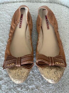 Prada Brown Leather Suede Bow Cap-Toe Flats